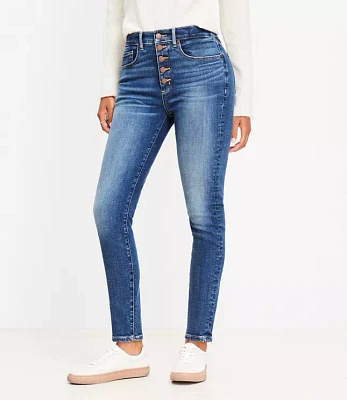 Petite Curvy Button Front High Rise Skinny Jeans Classic Mid Wash