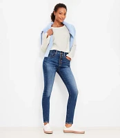 Curvy Button Front High Rise Skinny Jeans Classic Mid Wash