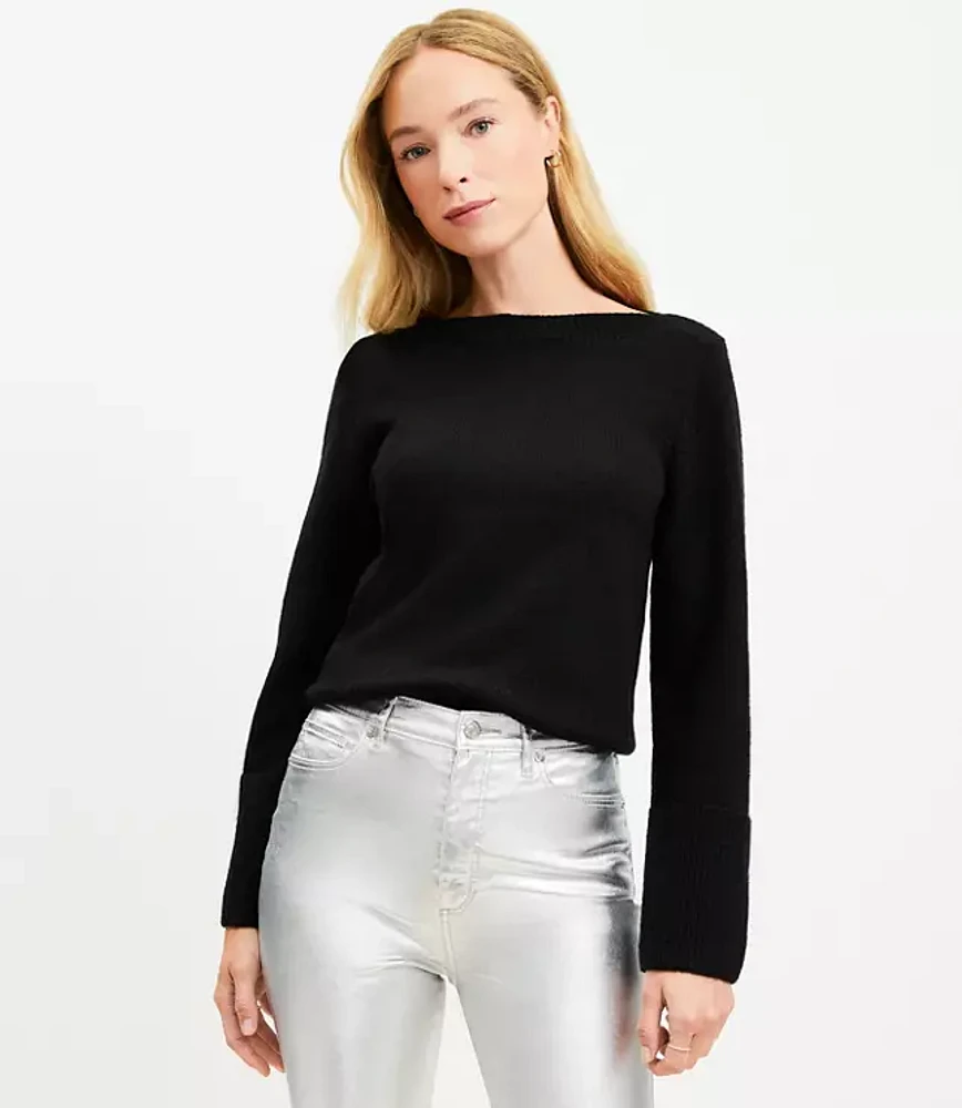 Petite Boatneck Ribtrim Flare Sleeve Sweater