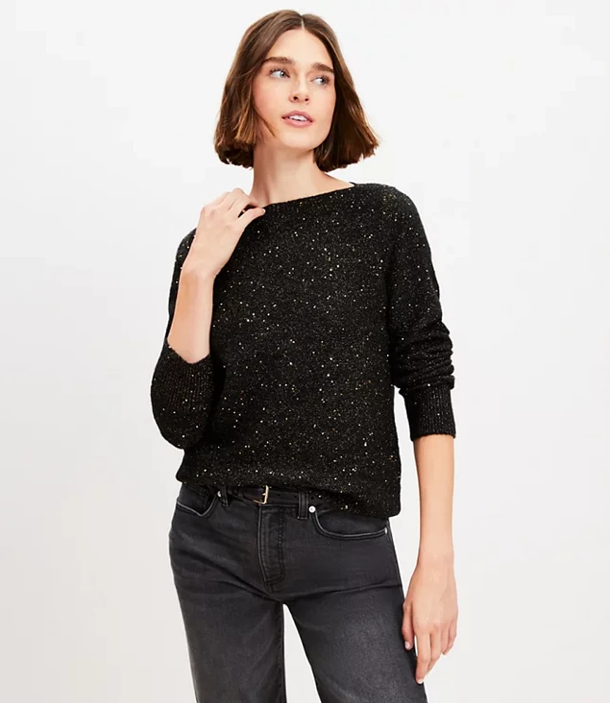 Sequin Boatneck Ribtrim Flare Sleeve Sweater