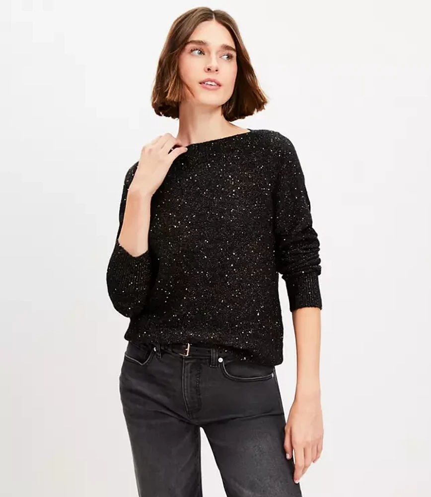 Petite Sequin Boatneck Ribtrim Flare Sleeve Sweater