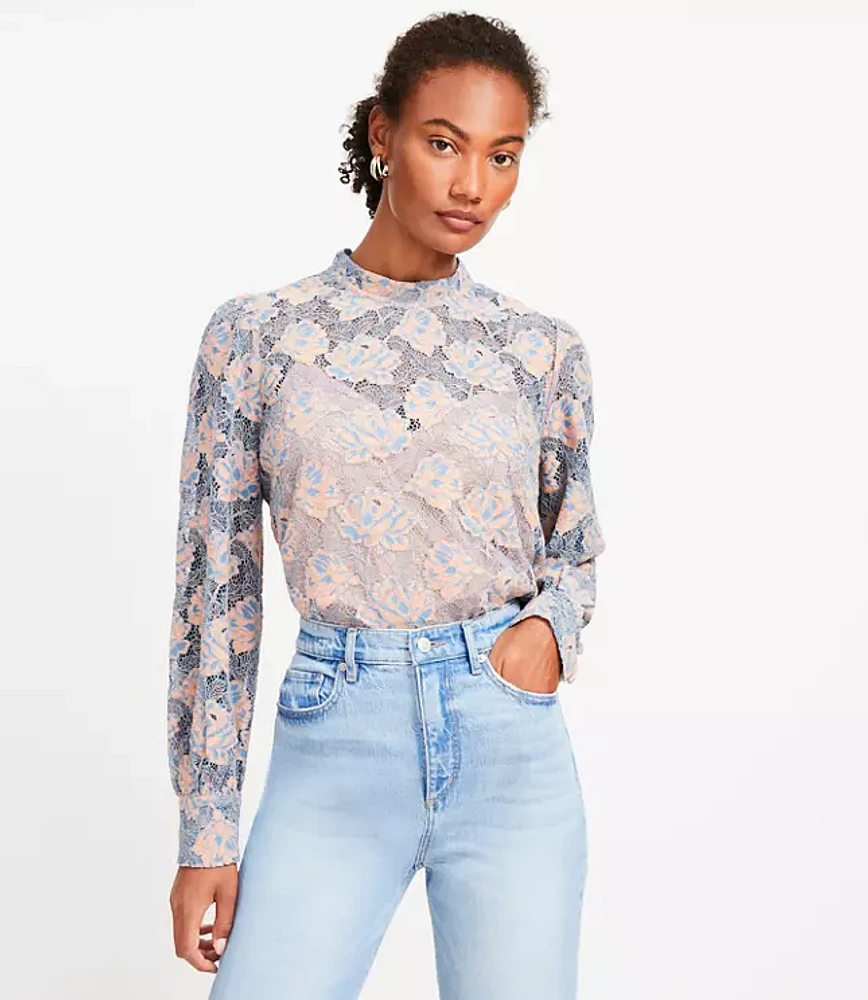 Petite Floral Lace Mock Neck Blouse