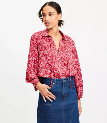 Floral Seamed Sleeve Tie Neck Blouse