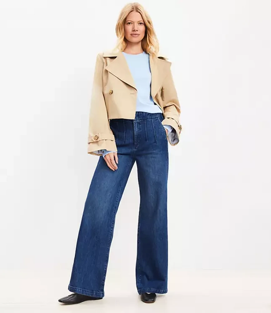 Petite Pleated High Rise Wide Leg Jeans Dark Wash