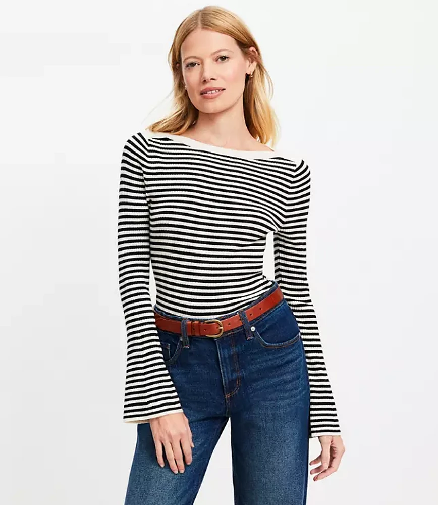 Petite Striped Boatneck Flare Sleeve Sweater