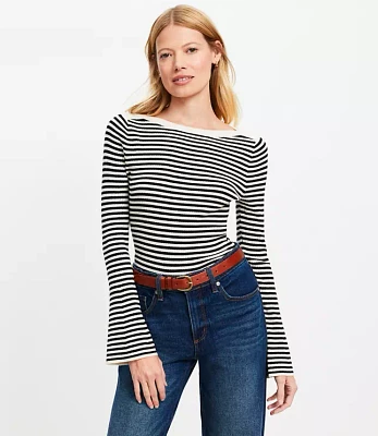 Petite Striped Boatneck Flare Sleeve Sweater