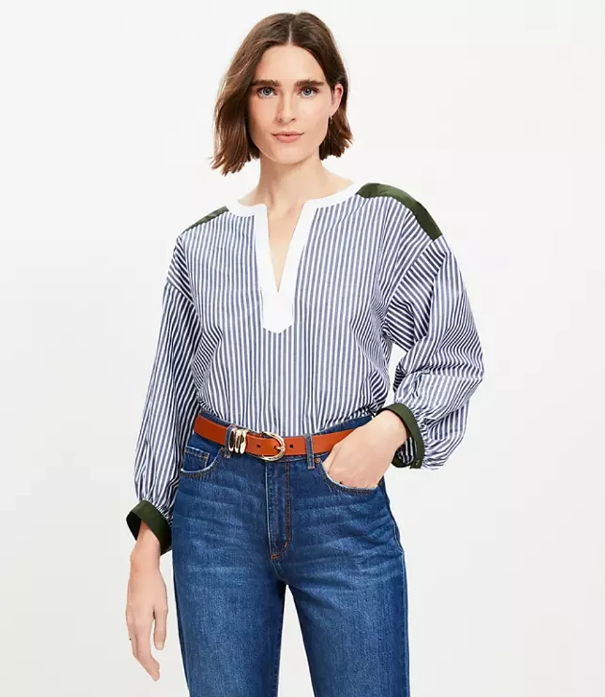 Petite Colorblock Striped Poplin Split Neck Blouse