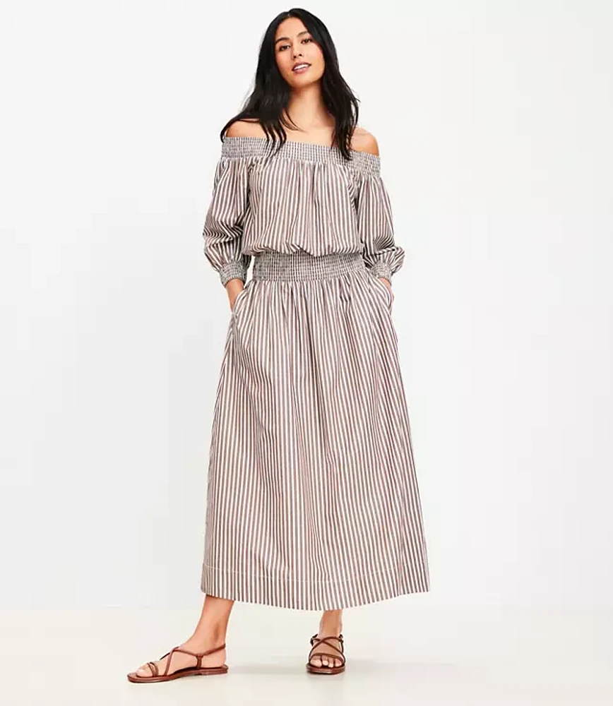 LOFT Beach Striped Poplin Smocked Midi Pocket Skirt