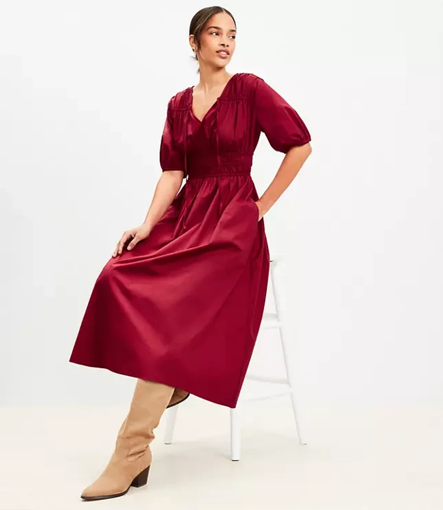 Shirred Tie Neck Midi Pocket Dress