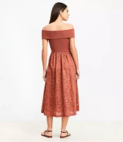 Eyelet Off The Shoulder Midi Dress