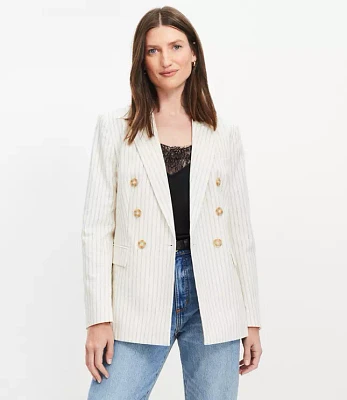 Petite Striped Cotton Linen Double Breasted Blazer