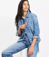 Petite Tie Waist Denim Trucker Jacket Luxe Medium Wash