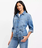 Petite Tie Waist Denim Trucker Jacket Luxe Medium Wash