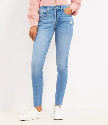 Button Front High Rise Skinny Jeans Destructed Mid Wash