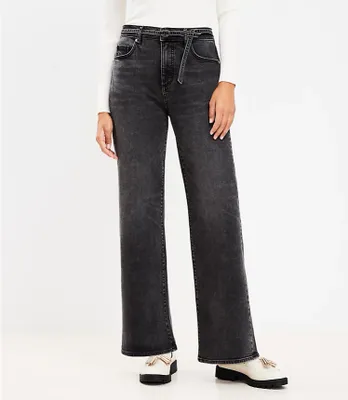 Belted High Rise Wide Leg Jeans Washed Black Wash