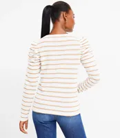 Striped Jacquard Tie Keyhole Ruched Sleeve Top