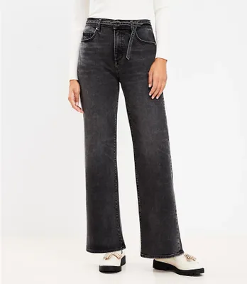 Petite Belted High Rise Wide Leg Jeans Washed Black Wash