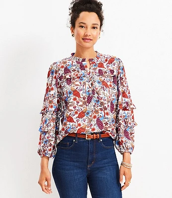 Petite Peacock Ruffle Button Blouse