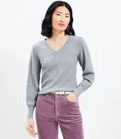 Petite Heathered Ribbed Puff Sleeve V-Neck Sweater