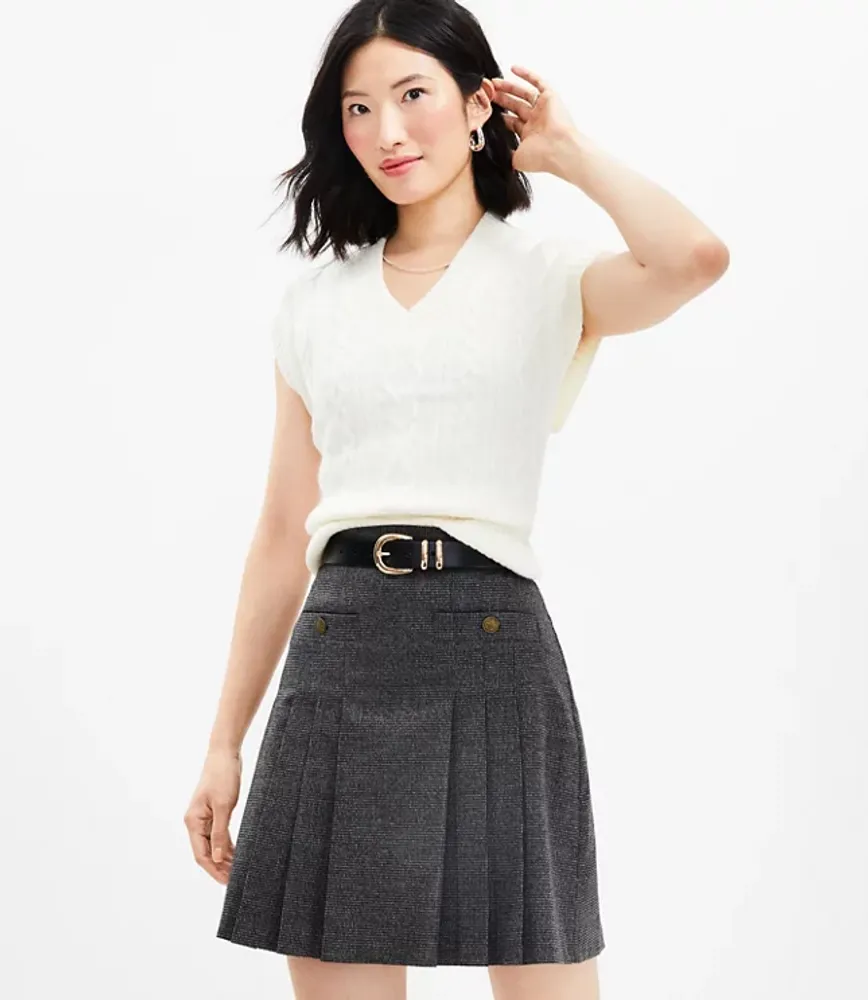 Petite Houndstooth Brushed Flannel Pleated Pocket Skirt