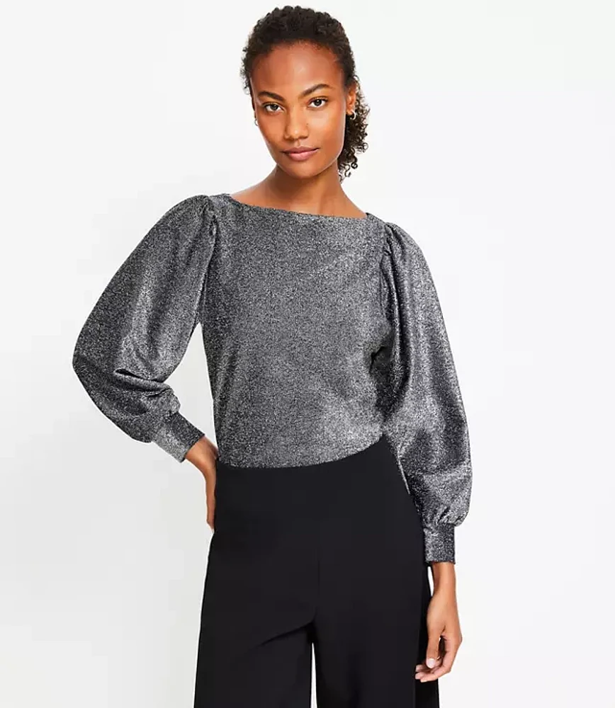 Metallic Draped Sleeve Boatneck Top