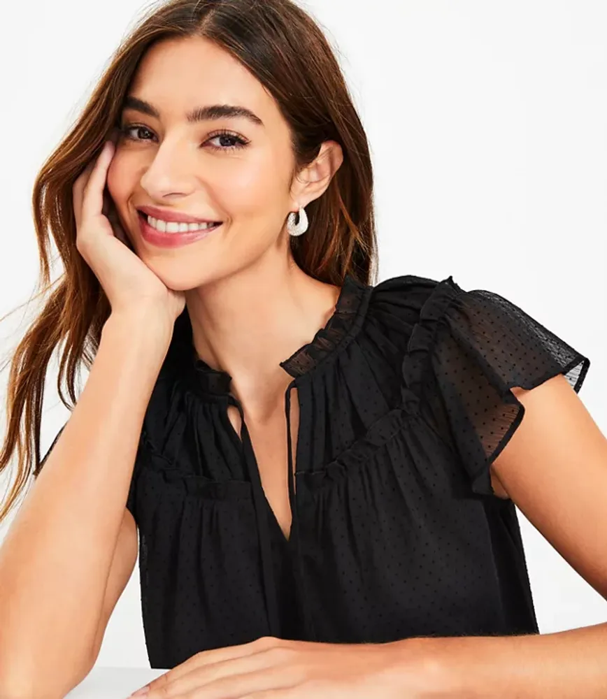 Velvet Dot Ruffle Tie Neck Flutter Top