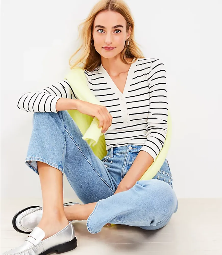 LOFT Stripe Ribbed V-Neck Henley Top