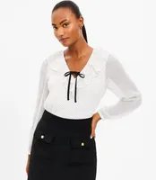 Flocked Dot Ruffle Tie Neck Blouse