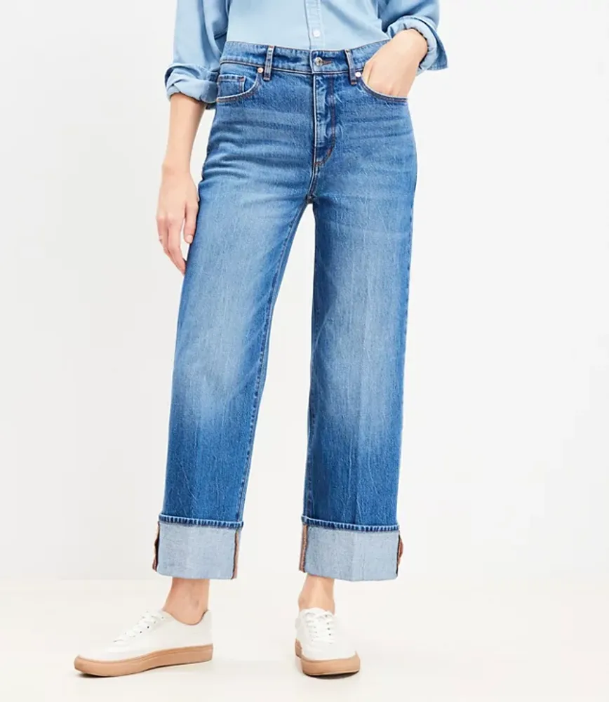 Loft Petite Cuffed High Rise Wide Leg Crop Jeans Bright Indigo