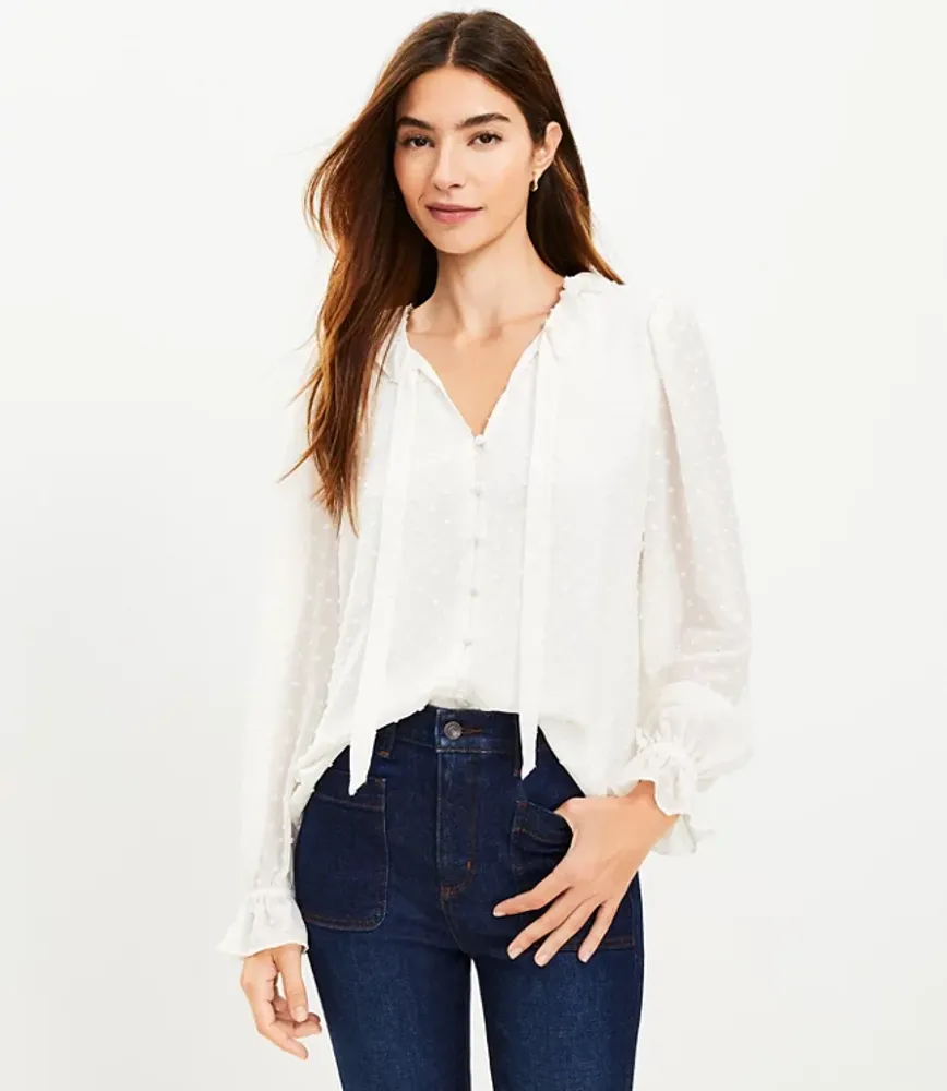 Petite Clip Ruffle Tie Neck Blouse