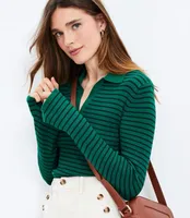 Stripe Ribbed Flare Sleeve Polo Sweater