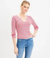 Petite Striped Brushed Waffle Split Neck Tee