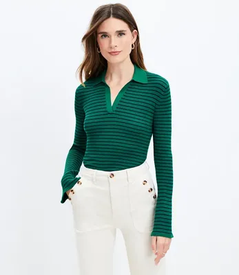 Petite Stripe Ribbed Flare Sleeve Polo Sweater