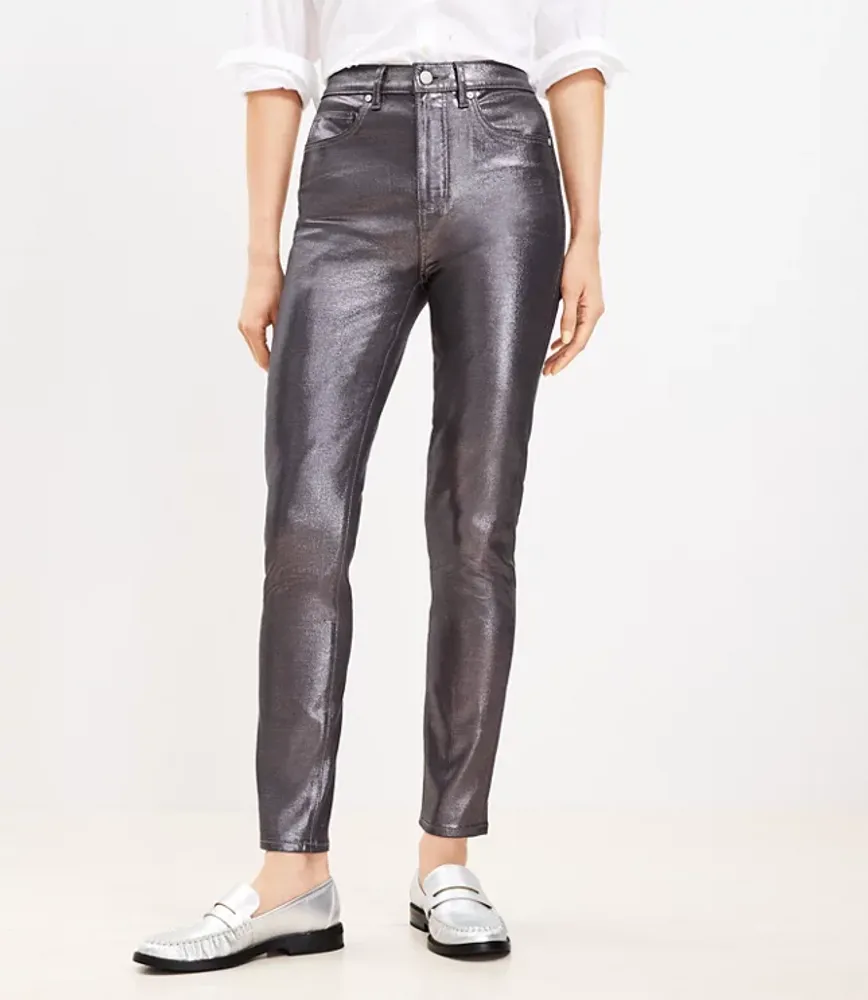 Petite Coated High Rise Skinny Jeans Pewter Metallic