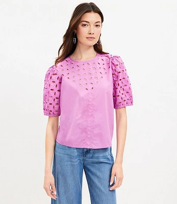 Poplin Eyelet Puff Sleeve Blouse