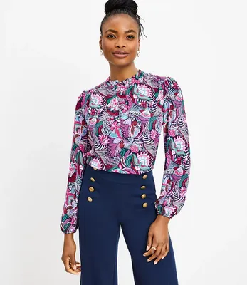 Petite Paisley Stand Collar Henley Blouse