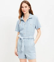 Denim Utility Romper in Light Wash Indigo