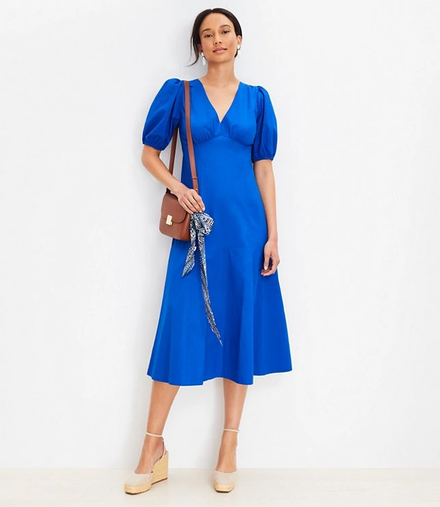 Poplin Tie Back Puff Sleeve Midi Dress