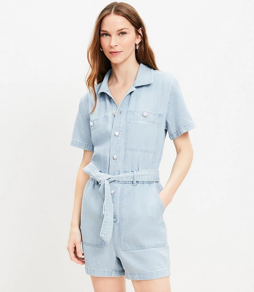 Petite Denim Utility Romper Light Wash Indigo