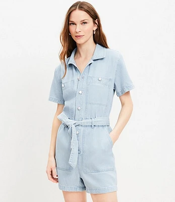 Petite Denim Utility Romper Light Wash Indigo