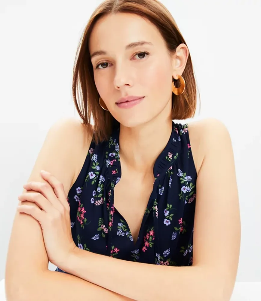 Floral Shirred Tie Neck Mixed Media Shell