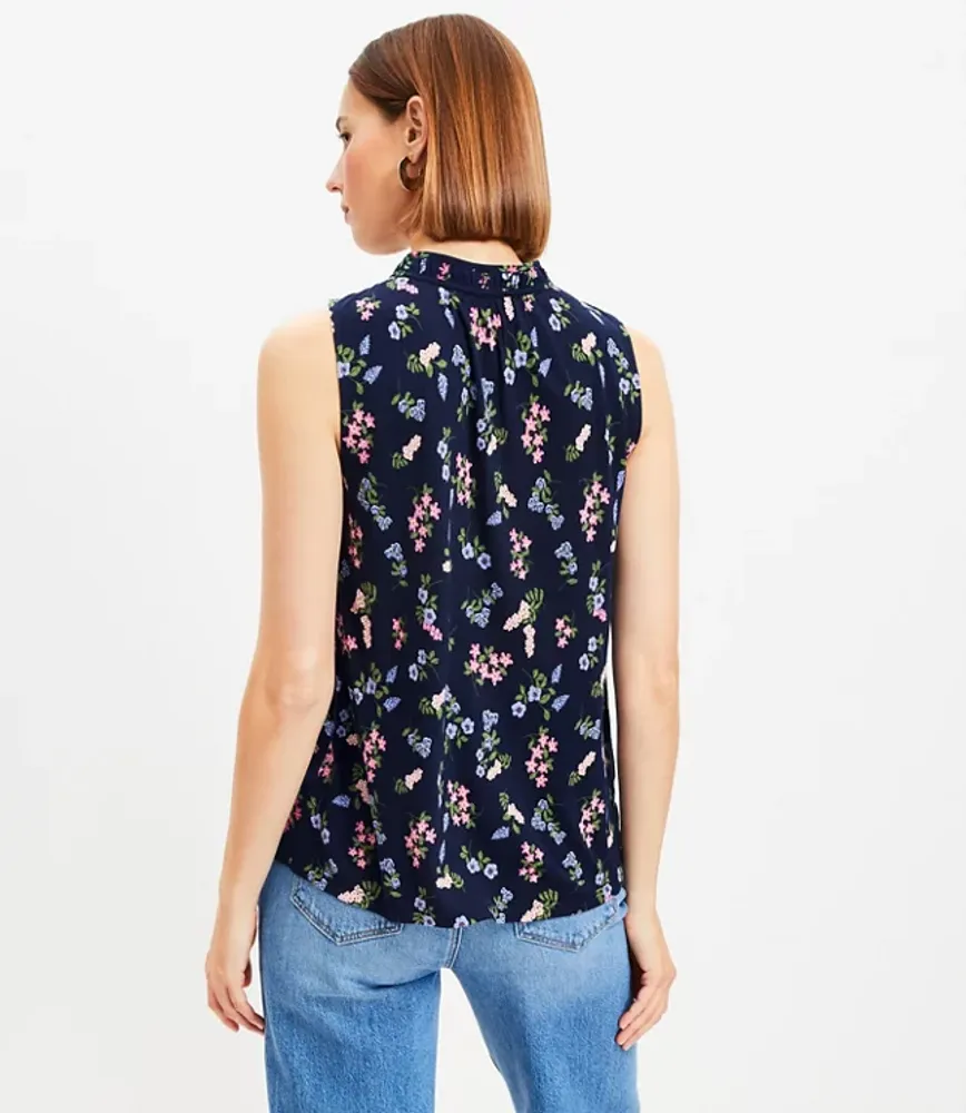 Floral Shirred Tie Neck Mixed Media Shell