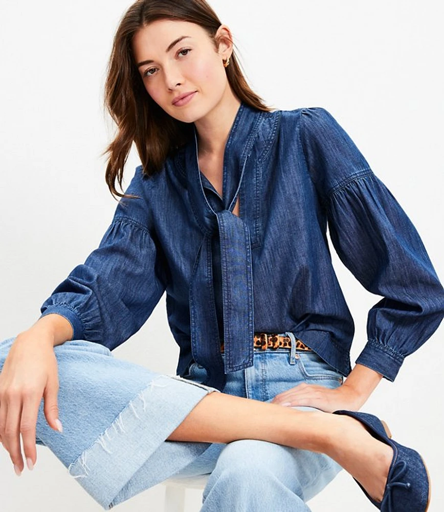 Chambray Tie Neck Blouson Sleeve Blouse