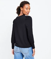 Puff Sleeve Henley Mixed Media Sweatshirt