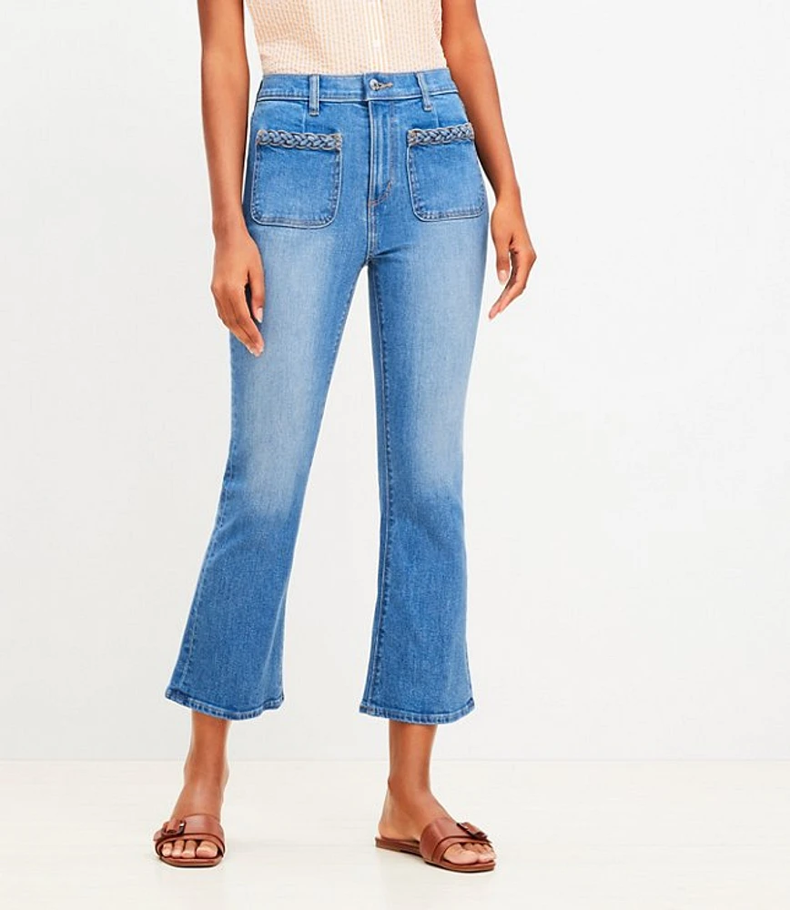 Braided High Rise Kick Crop Jeans Classic Mid Wash