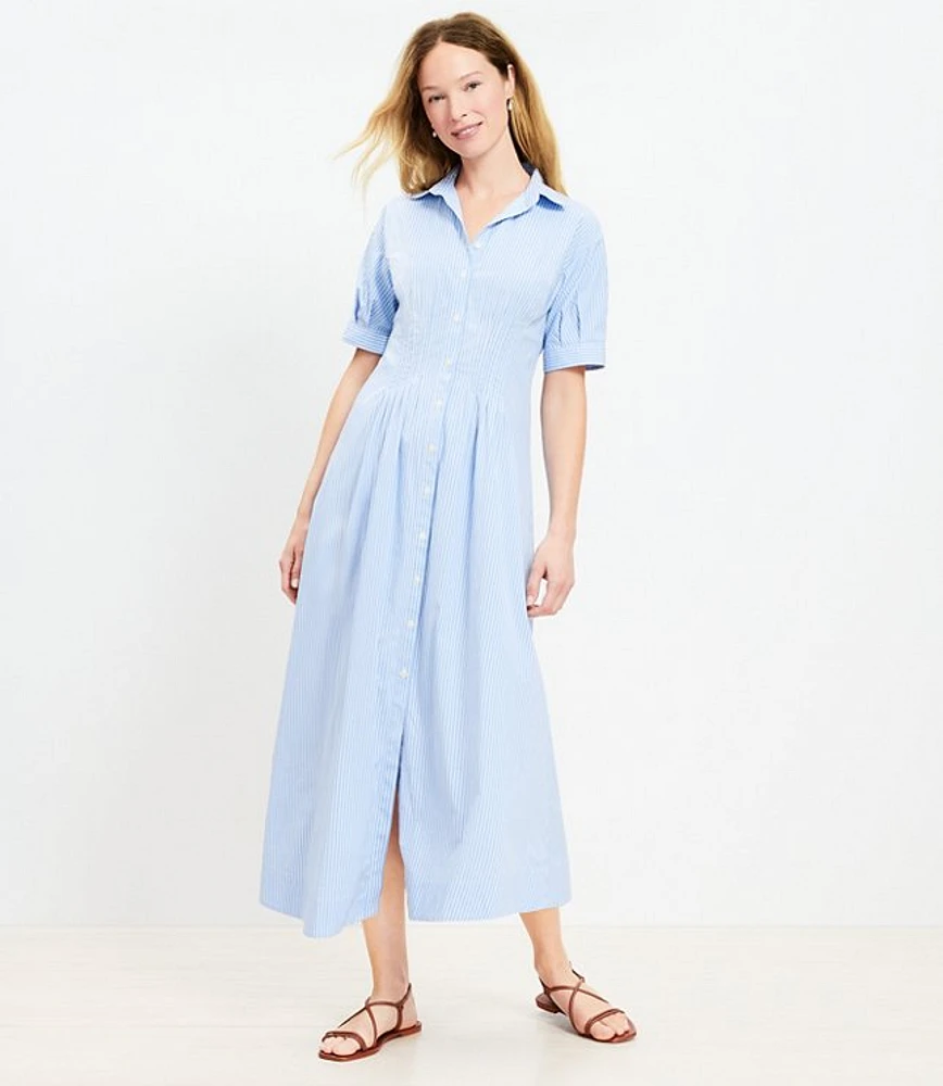 Stripe Pleated Bodice Midi Shirtdress