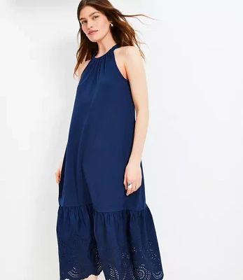 Petite Eyelet Poplin Mixed Media Maxi Halter Dress