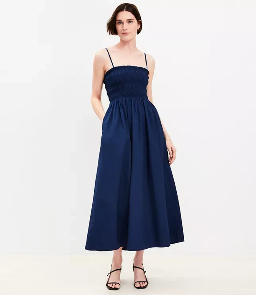 Petite Poplin Smocked Strappy Maxi Pocket Dress