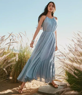 Petite Striped Flounce Maxi Halter Dress