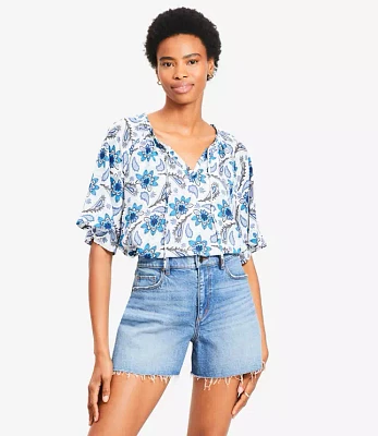 Petite Paisley Tie Neck Mixed Media Blouse